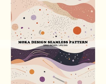 Boho Outer Space Seamless Pattern, Pastel Colors (JPG, SVG)