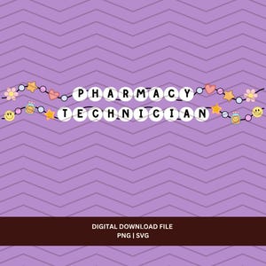 May include: A digital download file with the words "PHARMACY TECHNICIAN" spelled out in white beads, decorated with stars, hearts, flowers, and smiley faces, on a purple chevron background.