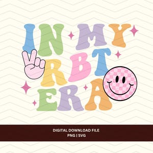 May include: A colorful graphic design with the text "In My Retro Era" in a retro font. The design includes a peace sign and a pink smiley face with a checkered pattern.