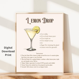 Lemon Drop Recipe Wall Art for Kitchen or Bar, Bar Art Poster Prints, Downloadable Martini Prints, Gift For Lemon Drop Lover