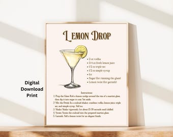 Lemon Drop Martini Recipe Print, Kitchen Bar Art (Digital Download)