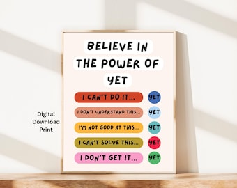 Power of Yet Poster, Growth Mindset Wall Art, Classroom Counselor Decor, Printable Download