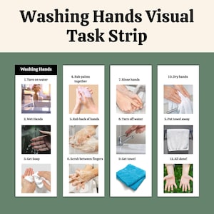 May include: A visual task strip titled "Washing Hands" with step-by-step instructions. The steps include turning on water, wetting hands, applying soap, rubbing palms, rubbing backs of hands, scrubbing between fingers, rinsing, turning off water, getting a towel, drying hands, putting the towel away, and showing clean hands.