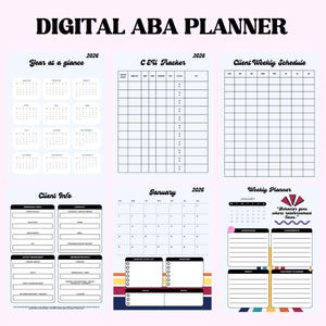 Può includere: Pianificatore digitale ABA con varie sezioni tra cui un calendario 2026, un tracker CEU, un programma settimanale del cliente, informazioni sul cliente, un calendario di gennaio 2026 e un pianificatore settimanale. Il pianificatore ha uno sfondo azzurro.