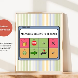Könnte beinhalten: Ein gerahmter Druck mit dem Text "ALL VOICES DESERVE TO BE HEARD" und Kommunikationssymbolen. Der Druck hat einen gestreiften Hintergrund und einen Holzrahmen. Ein roter Kreis mit "Sofort-Download!" befindet sich oben links.