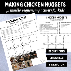 Op de afbeelding: Een printbaar Chicken Nuggets-sequencing-werkblad met instructies, een lijst met ingrediënten en materialen, en lege vakjes om de stappen te ordenen. Het onderste gedeelte bevat kleine fotografische afbeeldingen van het kookproces.