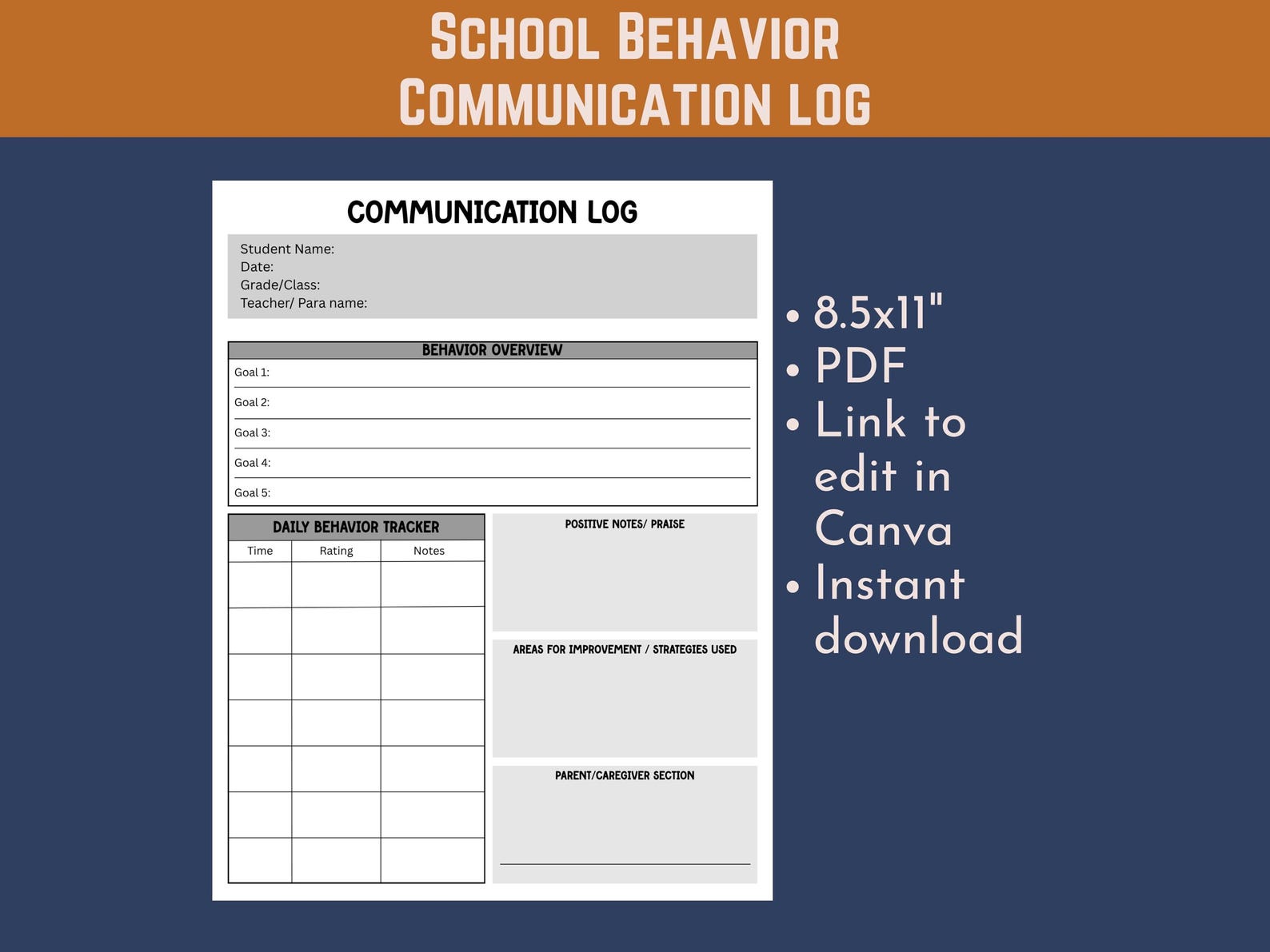 Student Behavior Communication Chart - Editable Daily Tracker (PDF ...