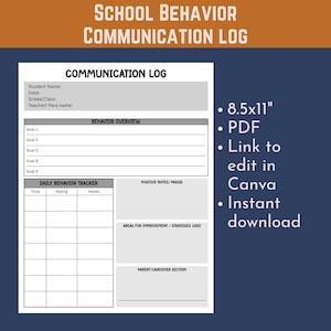 Op de afbeelding: Een afdrukbaar communicatielogboek voor schoolgedrag met secties voor studenteninformatie, gedragsoverzicht, dagelijkse gedragstracker en notities. Het document is 21,6 x 27,9 cm en beschikbaar als PDF met een Canva-bewerkingslink.