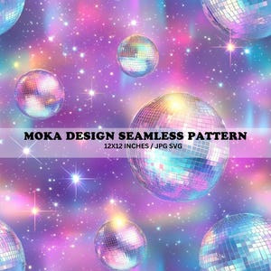 May include: A seamless pattern featuring iridescent disco balls against a purple and pink galaxy background with white stars.