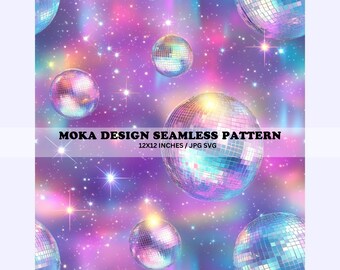 Disco Galaxy Seamless Pattern, Colorful Celestial Design (JPG, SVG)