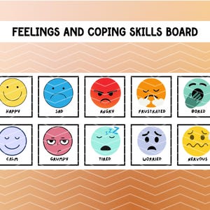Puede incluir: Un tablero de sentimientos y habilidades de afrontamiento con diez caras de dibujos animados coloridas que representan diferentes emociones, incluyendo feliz, triste, enojado, frustrado, aburrido, tranquilo, gru&ntilde;&oacute;n, cansado, preocupado y nervioso.