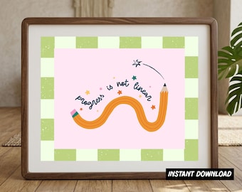 Progress Is Not Linear Print | Printable Teacher Wall Art | Pink Green Pencil Classroom Decor | Special Education Instant Download Poster