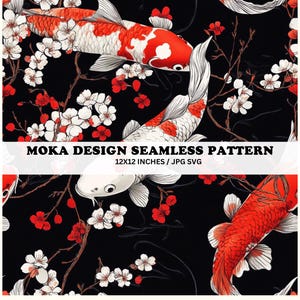 May include: A seamless pattern featuring red and white koi fish swimming among white cherry blossoms on a black background. The pattern is 12x12 inches and is available in JPG and SVG formats.