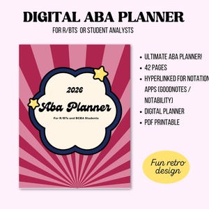 Può includere: Un pianificatore digitale ABA per R/BT e studenti BCBA. La copertina presenta un design retrò con un motivo a scoppio rosa e rosso. Il pianificatore include 42 pagine ed è ipercollegato per app di notazione come GoodNotes e Notability. È digitale e stampabile in PDF.