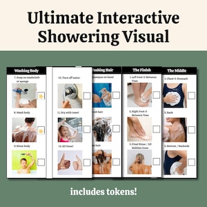 May include: An "Ultimate Interactive Showering Visual" with step-by-step instructions for washing the body, hair, and rinsing. Includes images and text prompts for each step, such as "Wash body" and "Turn off water."