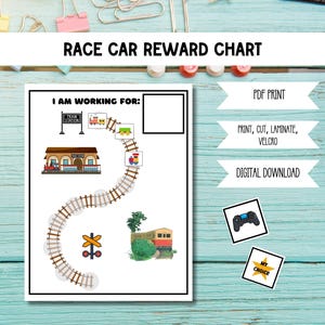 May include: A children's reward chart with a race car theme. The chart features a train track path with illustrations of a train station, trains, and other elements. Text includes "Race Car Reward Chart" and "I am working for:" with reward options.
