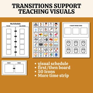 Puede incluir: Ayudas visuales educativas para enseñar transiciones. La imagen presenta un tablero "Mi horario", un tablero "Primero/Luego" y una tira de "Más tiempo", junto con una cuadrícula de 50 iconos. El texto en la parte superior dice "Transitions Support Teaching Visuals."