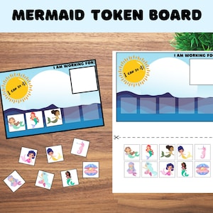 May include: A blue and white mermaid token board with a sun and the text "I can do it!" and "I am working for:". The board has 6 empty spaces for tokens. There are 10 mermaid tokens, a seashell token, and a seahorse token.