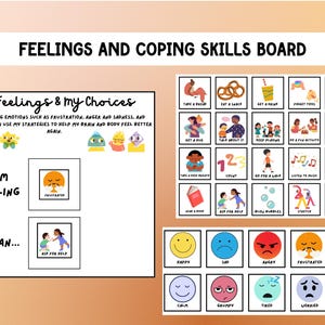Puede incluir: Un tablero imprimible de sentimientos y habilidades de afrontamiento para ni&ntilde;os. El tablero presenta ilustraciones coloridas de emociones y estrategias de afrontamiento. El texto en el tablero dice "Mis sentimientos y mis elecciones" y "Estoy sintiendo" y "Puedo..."