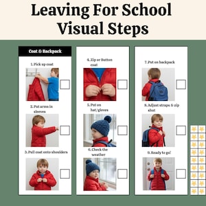 Peut inclure: Un guide visuel intitulé "Leaving For School Visual Steps" avec neuf étapes. Les étapes montrent un enfant en train d'enfiler un manteau, un chapeau et un sac à dos. Le guide comprend le texte "Coat & Backpack" et "Ready to go!"