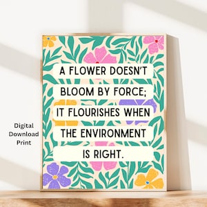 Positive Aba Quotes Poster Download, Floral Aba Clinic Wall Art Digital Print, A Flower Doesn&#39;t Bloom By Force, Bcba Downloadable Decor