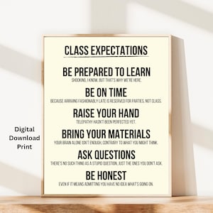 Funny Class Expectations Poster Download, Sarcastic Classroom Wall Art Digital Print, Middle / High School Class Rules, Downloadable Decor