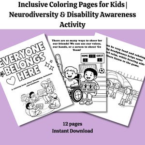 Pode incluir: Um conjunto de três páginas para colorir em preto e branco com o texto "Everyone Belongs Here" e ilustrações de crianças. As páginas fazem parte de uma atividade que promove a neurodiversidade e a conscientização sobre deficiências. As palavras "12 páginas" e "Download instantâneo" também são visíveis.