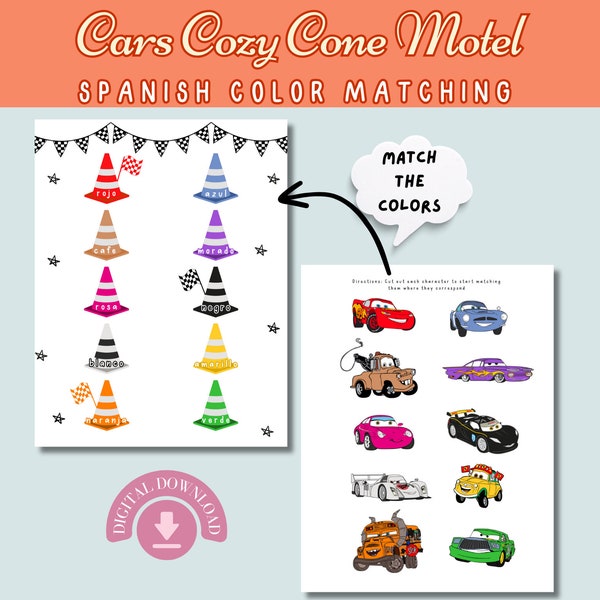 Spanish CARS Color Matching, CARS McQueen, Preschool Learning Worksheets, Colors Activity, Toddler Learning Activity, Busy Book Printables