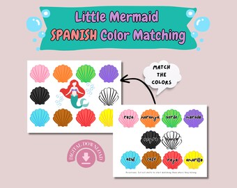 Spanish Color Matching, Little Mermaid, Preschool Learning Worksheets, Colors Activity, Toddler Learning Activity, Busy Book Printable