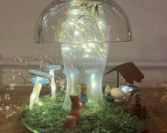 Whimsical Mushroom Lamp w/ REAL Dried Pressed Flowers - Garden Diorama - DIY Wonderland w/ Fairy Lights - Handmade Wishing Well - LOVE U