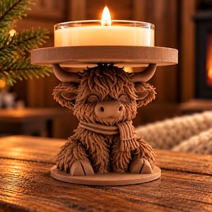 May include: A brown, textured candle holder shaped like a Highland cow wearing a scarf. The cow figure supports a flat, circular wooden platform on its head, which holds a clear glass tea light candle holder with a lit white candle inside.