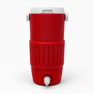 May include: A cylindrical red beverage cooler featuring a white lid and a white spigot at the base. The cooler has a textured, ribbed midsection for grip and two white side handles attached to the top rim, providing a functional design for liquid storage.