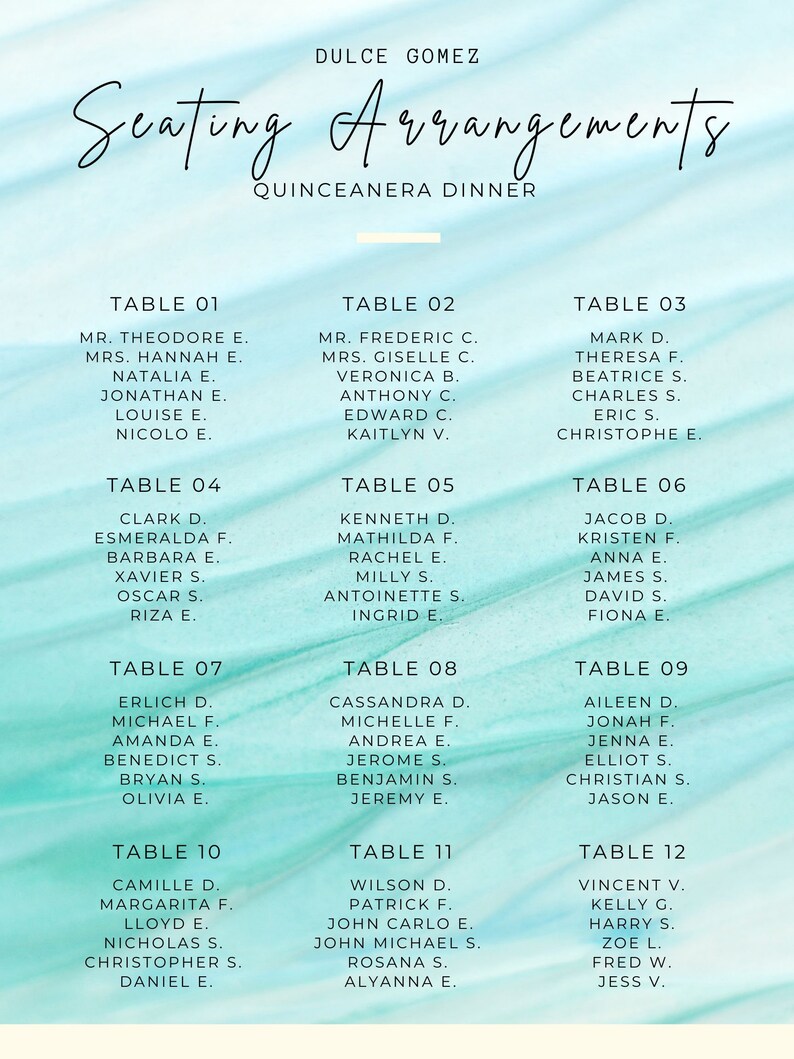 Beach Quinceañera Seating Chart Etsy