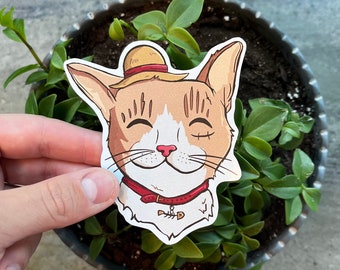Straw Hat Cat Sticker: Durable + Weatherproof