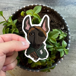 May include: A sticker featuring a cartoon dog with a brown and black coat, an eye patch, and a green cape. The dog has one visible eye and is wearing a cape with a white emblem. The sticker is held in front of a plant.