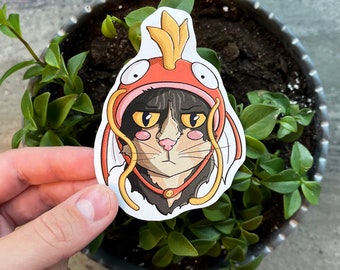 Fish Hat Cat Sticker: Durable + Weatherproof