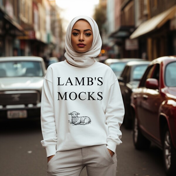 Gildan 18000 Hijabi Woman White Crewneck Sweatshirt Mockup Headscarf Muslim Modest Jumper Islamic Fashion Diverse Halal Religious Inclusive