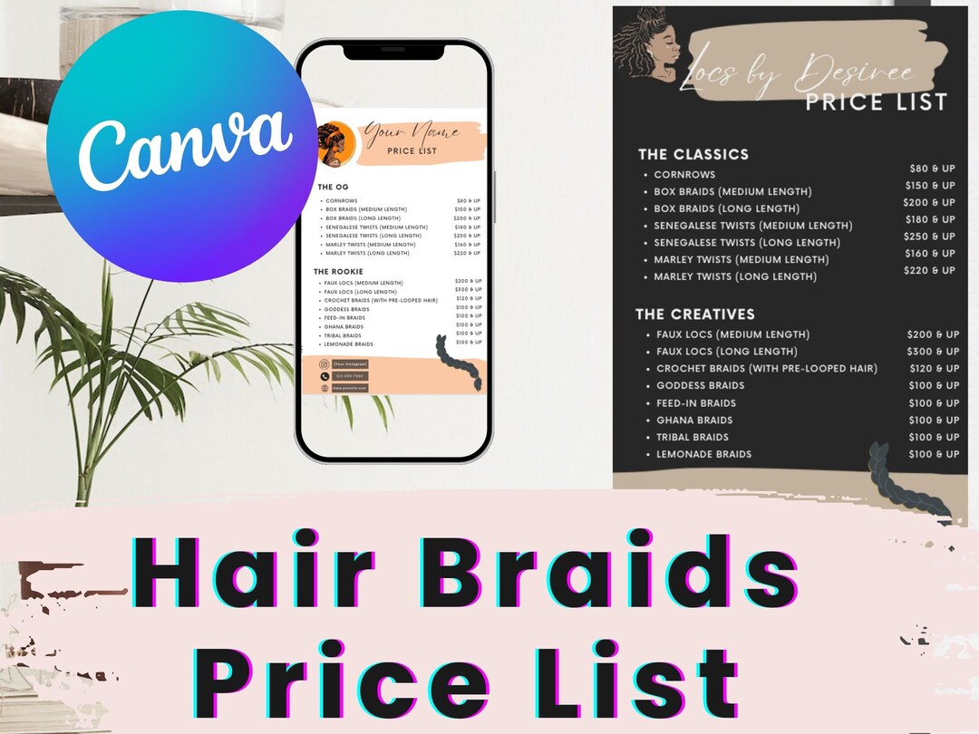Braids Price List, Editable Canva Template, Hair Flyer, Hair Stylist