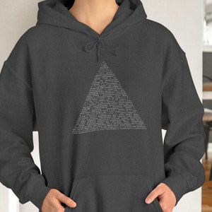 May include: A dark grey hooded sweatshirt with a white triangle design featuring a pattern of text. The hoodie has a drawstring and a kangaroo pocket.