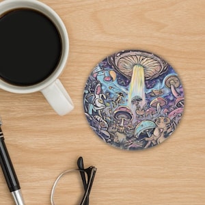 Mushroom Art Cork Coaster: High-Gloss Desk Decor
