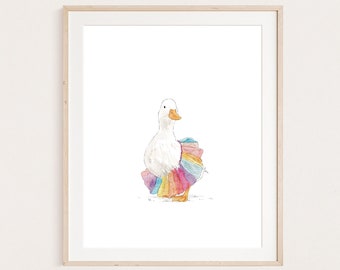 Stampa di un'anatra con un vestito colorato, stravagante decorazione murale per la cameretta dei bambini (download digitale)