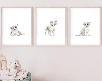 Blue Merle Australian Shepherd print, dog nursery art, puppy nursery wall art, kid room decor, dog print, puppy decor, DIGITAL DOWNLOAD