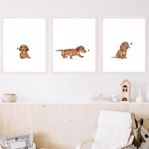 Red Dachshund Puppy Wall Art, Digital Download Nursery Dog Print Set, Baby Room Decor, Printable Dog Art, Dog Decor, Puppy Art