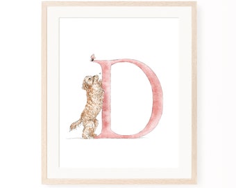 May include: A watercolor illustration of a dog standing next to a pink letter D. A small butterfly is flying above the dog's head.