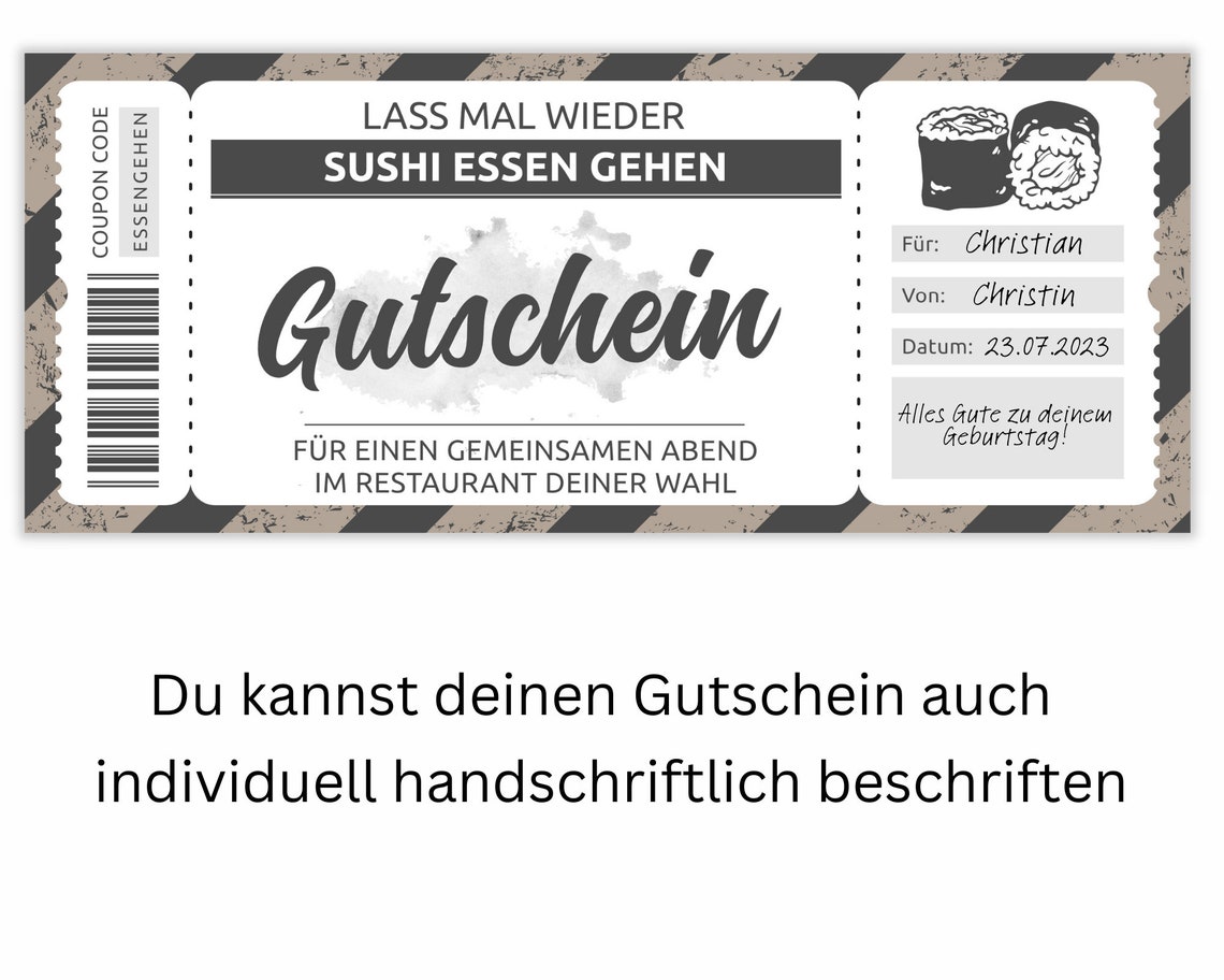 Sushi Essen Gutschein | Vorlage editierbar | Ausdrucken ...