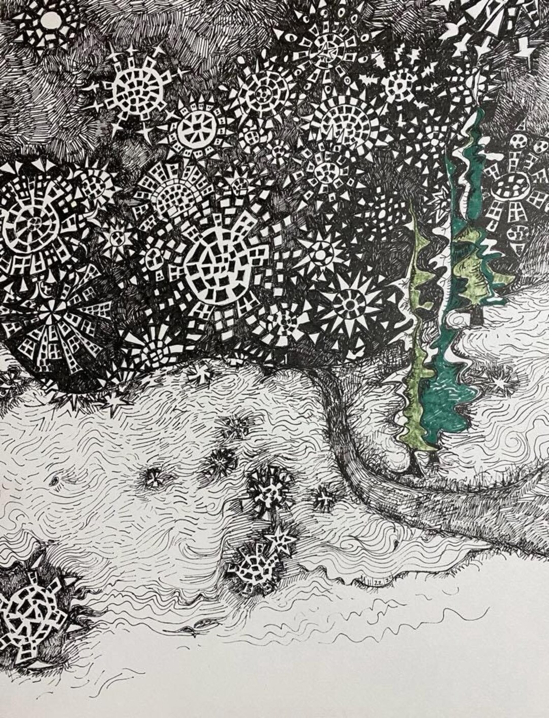 Hand-drawn Snowy Night Pen and Ink Drawing, Framed Winter Landscape ...