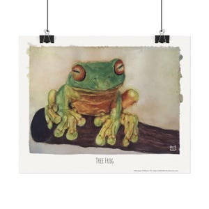 May include: A watercolor painting of a green tree frog with red eyes sitting on a branch. The frog is facing the right side of the image. The painting is on a white background with the words "Tree Frog" written below the frog.