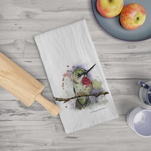 Tea Towel (Hummingbird) 100% cotton, Watercolor Print, Dish Towel, bird Lover Gift, Home Decor, Housewarming, Hostess, Cooking Accessory