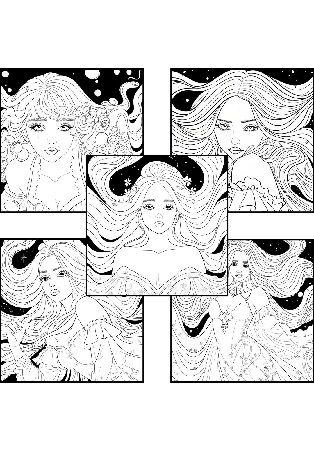 Digital Coloring Book Set of 5 Space Girls Fantasy Printable Pages ...