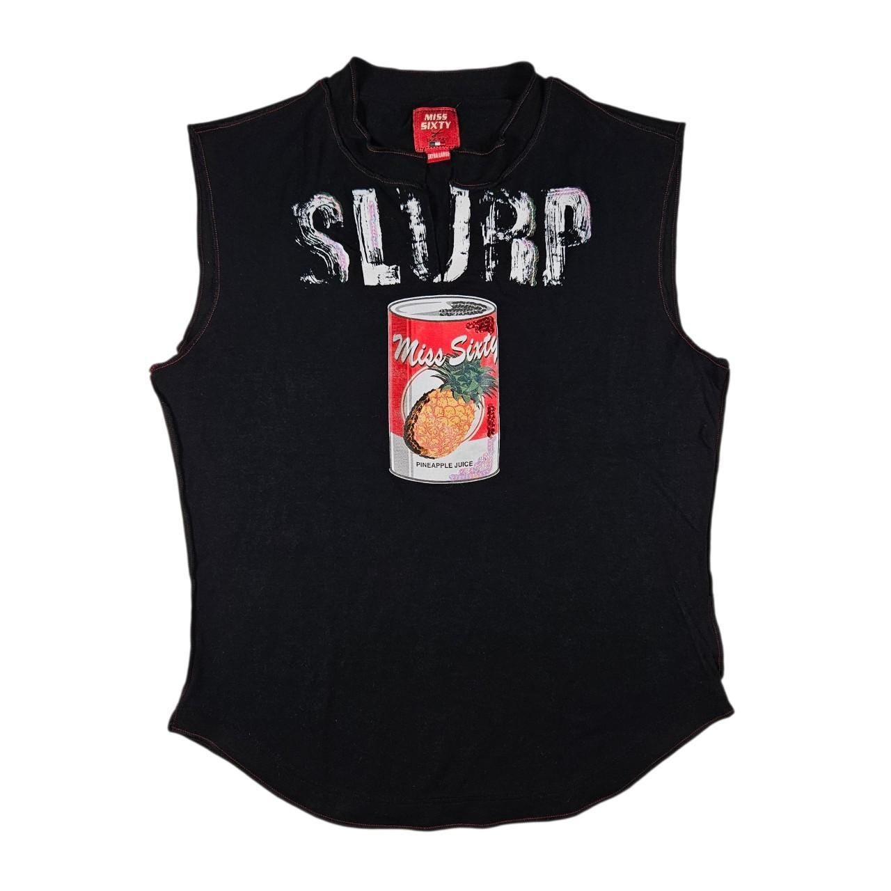 MISS SIXTY Sushi タンクトップ フリンジトップス Vintage Very Rare Miss Sixty Girl Eating Sushi Graphic Print Top
